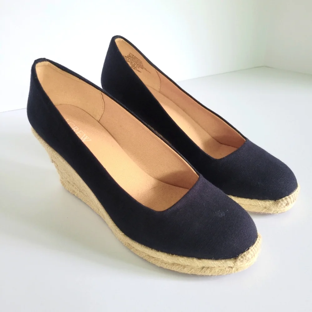 J. Crew Black Canvas Espadrille Wedge Pumps with Natural Jute